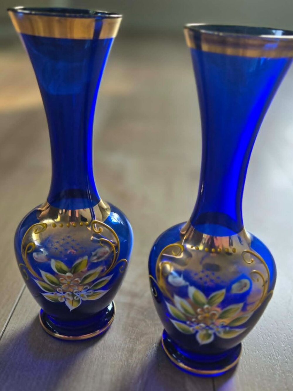 Vintage Cobalt Blue Art Glass Bud Vases – Pair | Hand Painted Floral & Gold Gilt
